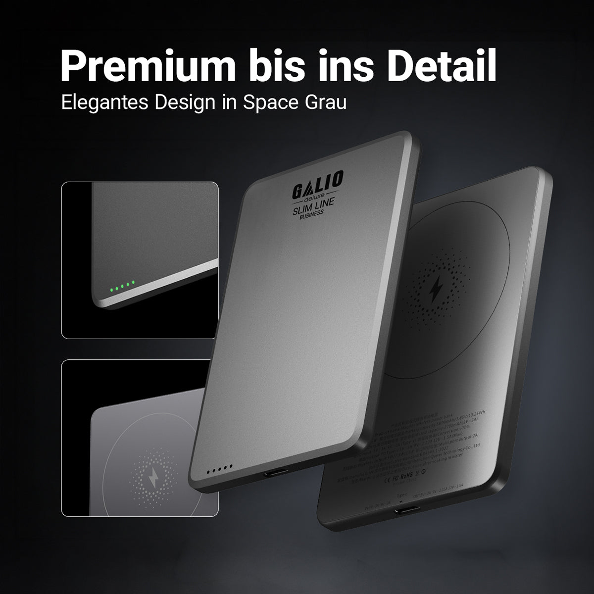 GALIO deluxe SLIM LINE BUSINESS 3-in-1 Smart Magnetic Powerbox mit 5.000 mAh - Grey