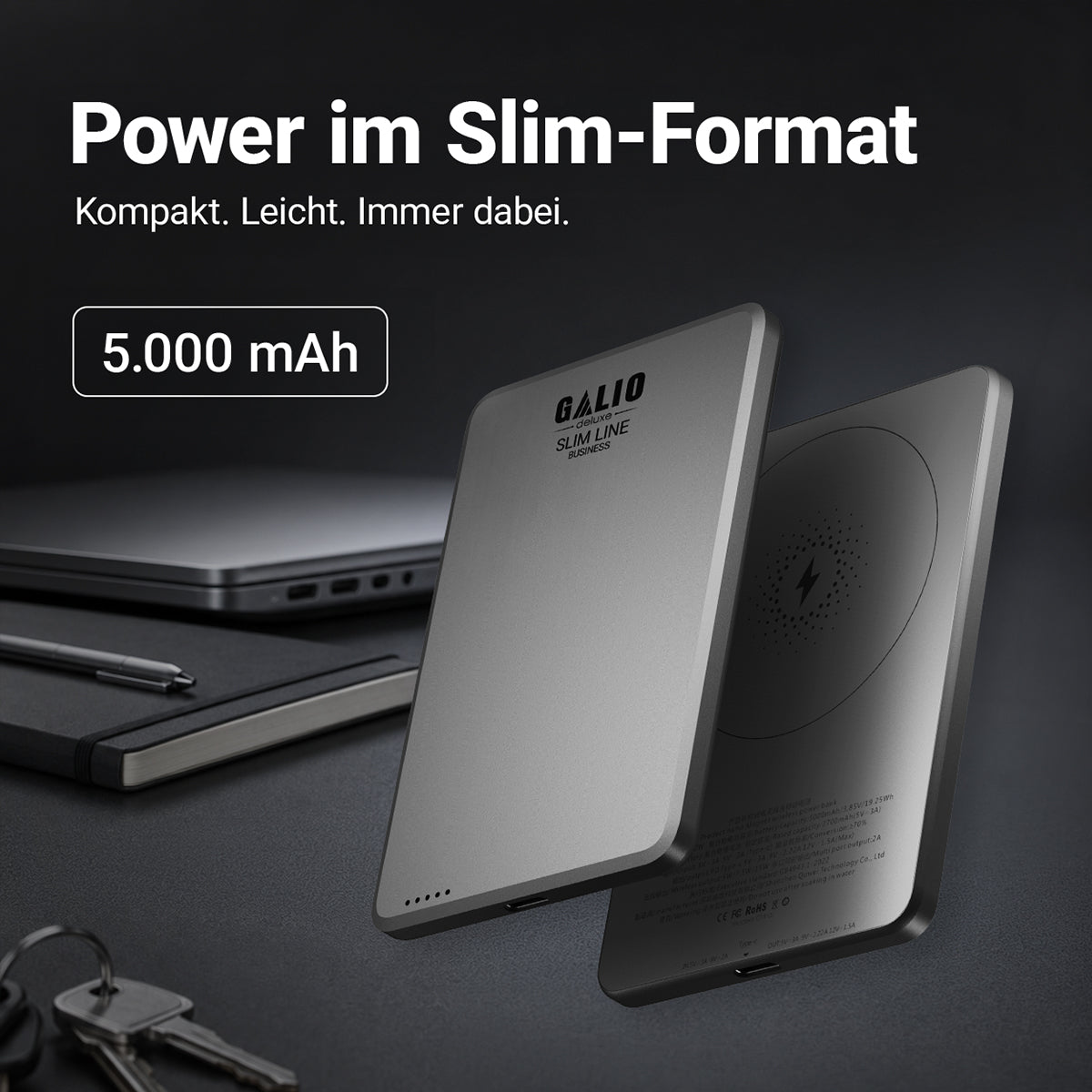 GALIO deluxe SLIM LINE BUSINESS 3-in-1 Smart Magnetic Powerbox mit 5.000 mAh - Grey